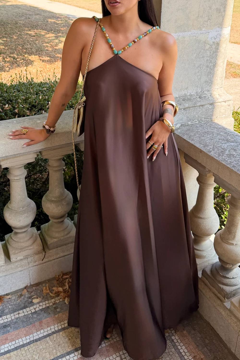 Beaded Halter Neck Sleeveless Loose Maxi Dress