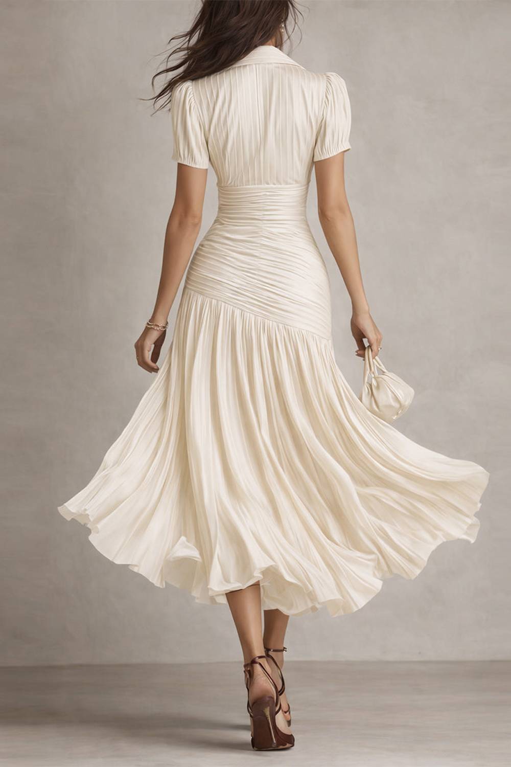Collared Short Sleeve Striped Ruched Waist Pleated Midi Dress