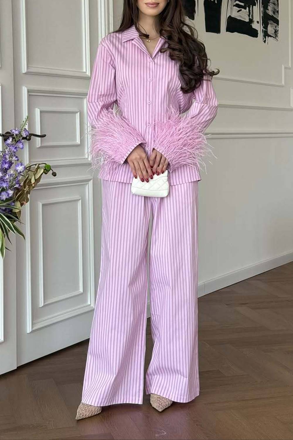 Striped Feather Cuff Blazer & Wide‑Leg Pants Two‑Piece Set