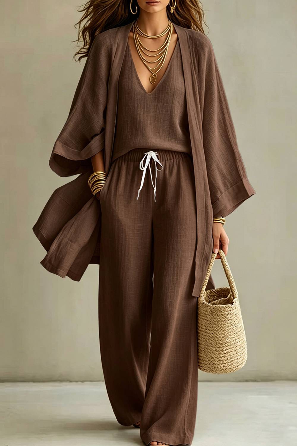 Simple V-neck Vest Cardigan Wide-leg Pants Three-piece Set