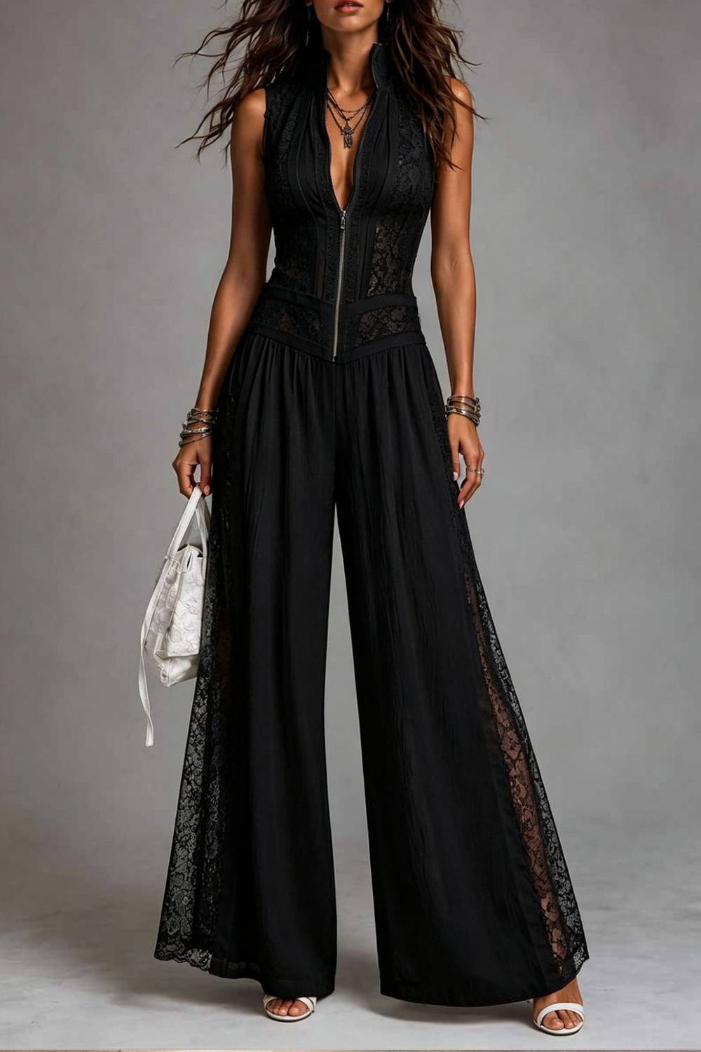 Sleeveless Zip‑Front Lace Spliced Wide Leg Jumpsuit