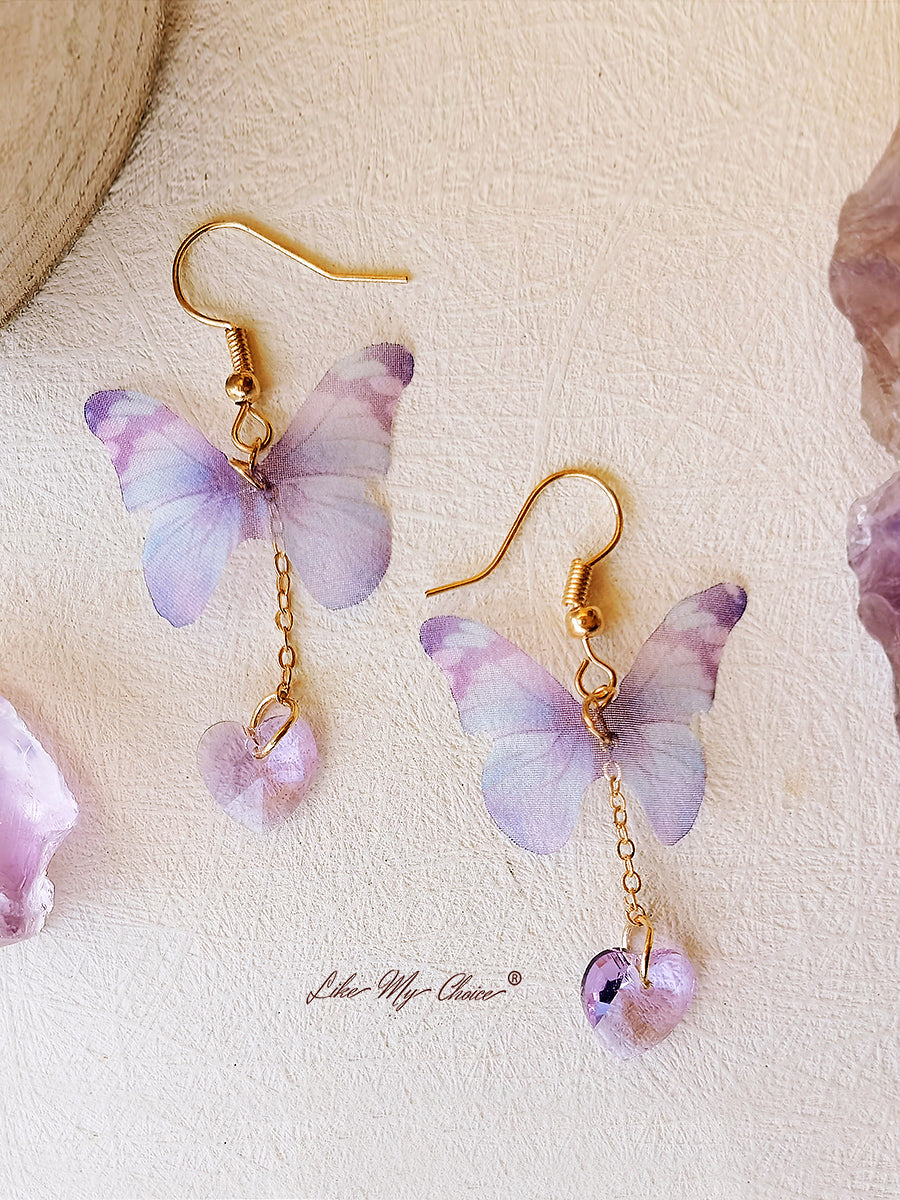 Purple Butterfly and Heart Gem Drop Earrings-Likemychoice
