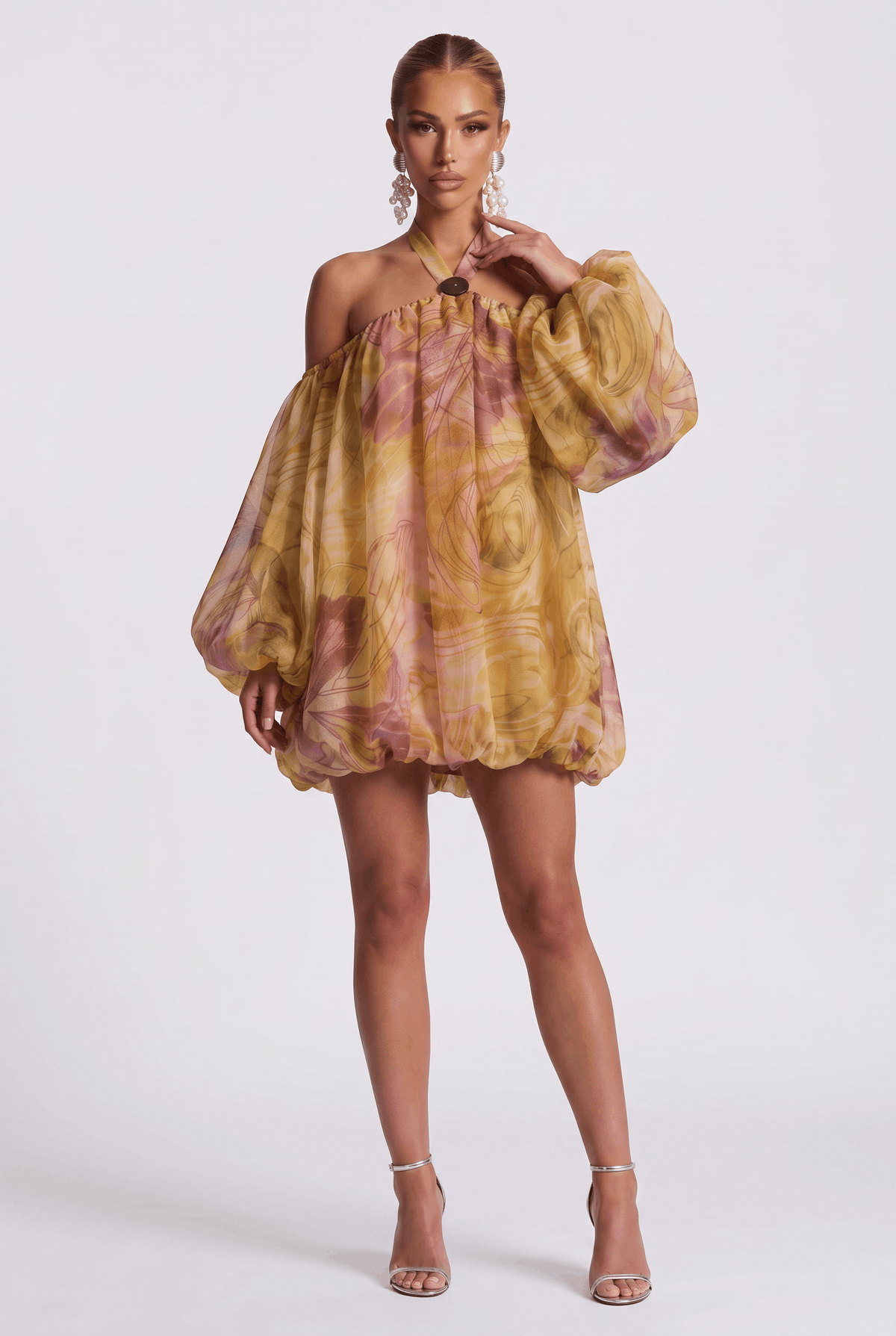 Watercolor Print Hanging Neck Off-shoulder Flower Bud Skirt See-through Bubble Long-sleeved Chiffon Holiday Dress