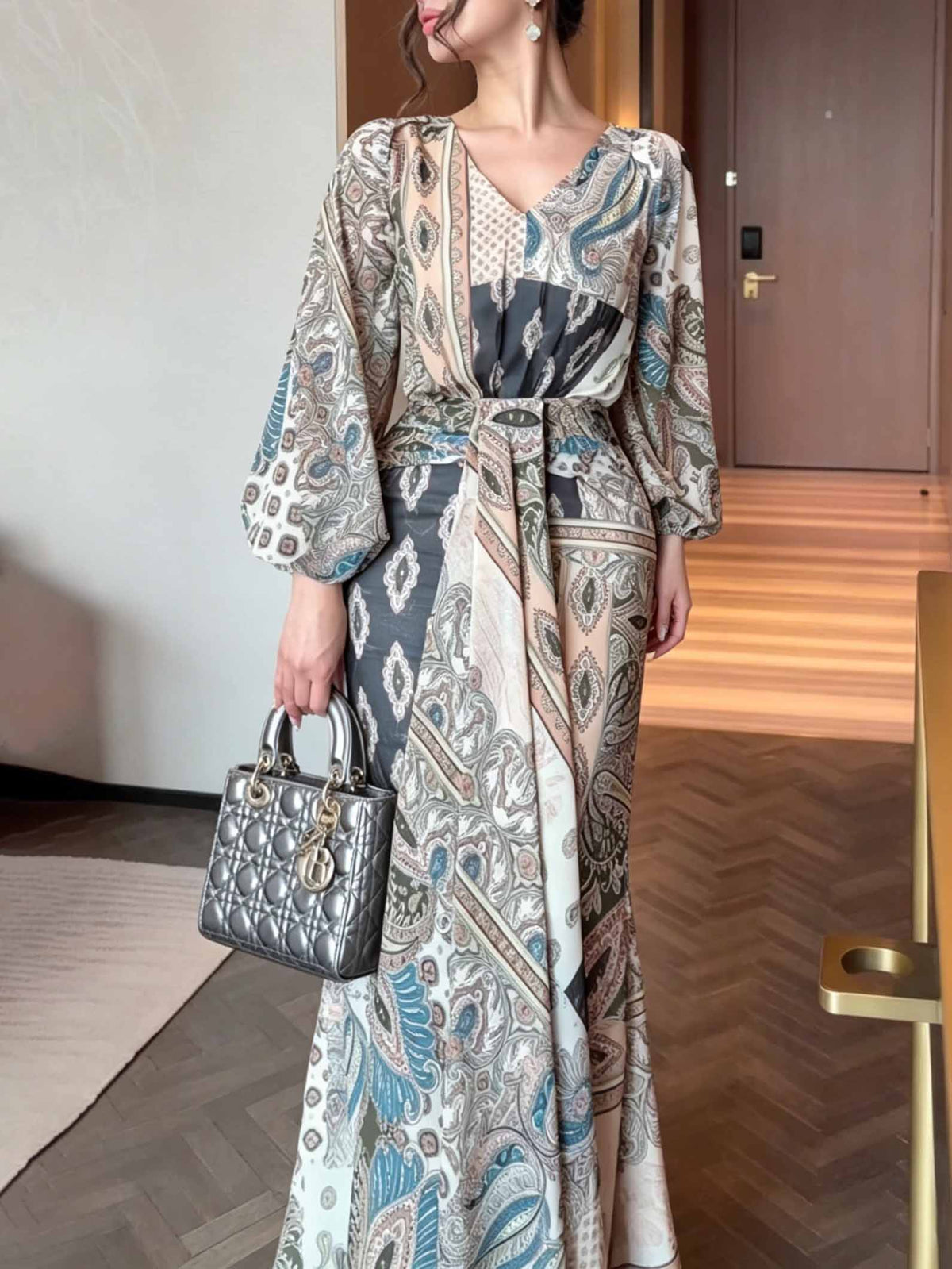 Patchwork Paisley Lantern Sleeve Maxi Dress