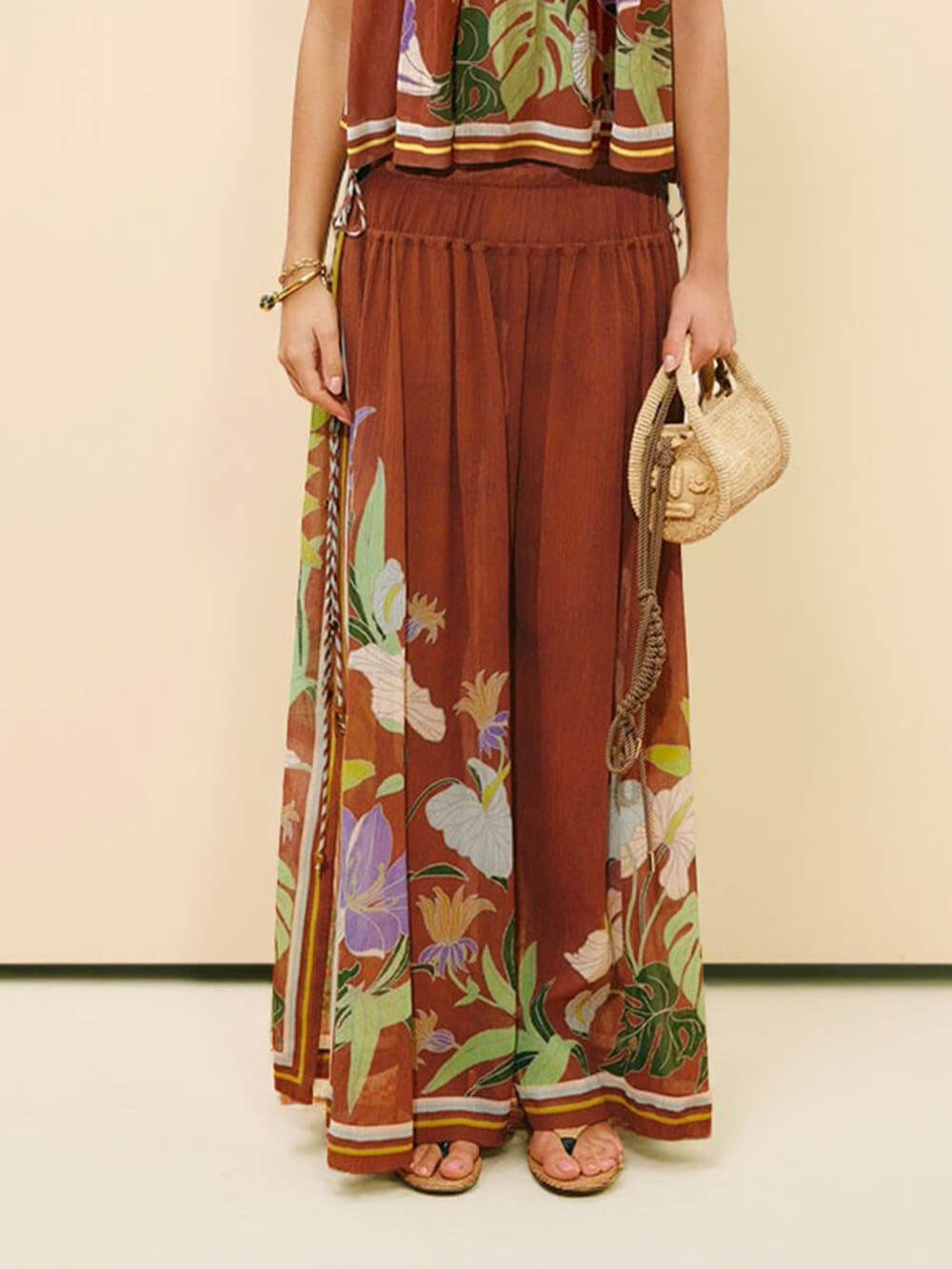 Delicate Ruffle Printed Ruched Adjustable Straps Camisole Top