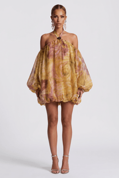 Watercolor Print Hanging Neck Off-shoulder Flower Bud Skirt See-through Bubble Long-sleeved Chiffon Holiday Dress