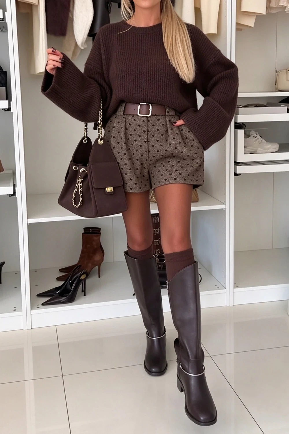 Women's Grey Ribbed Knit Sweater and Heart Print Shorts Two Piece Set