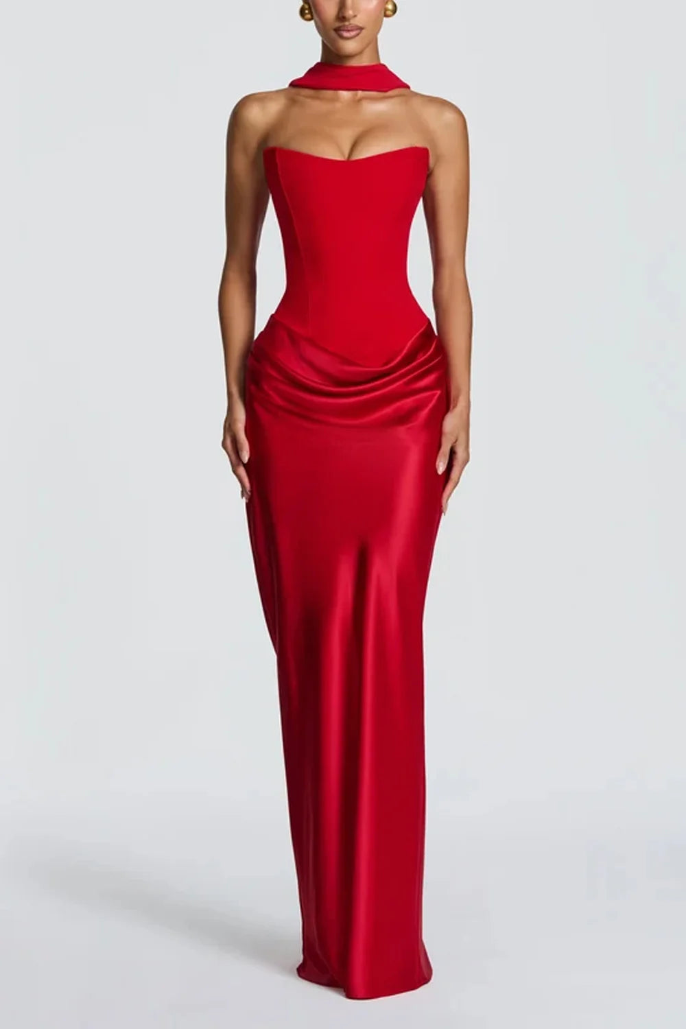 Strapless Corset Draped Satin Maxi Dress with Chiffon Neck Scarf