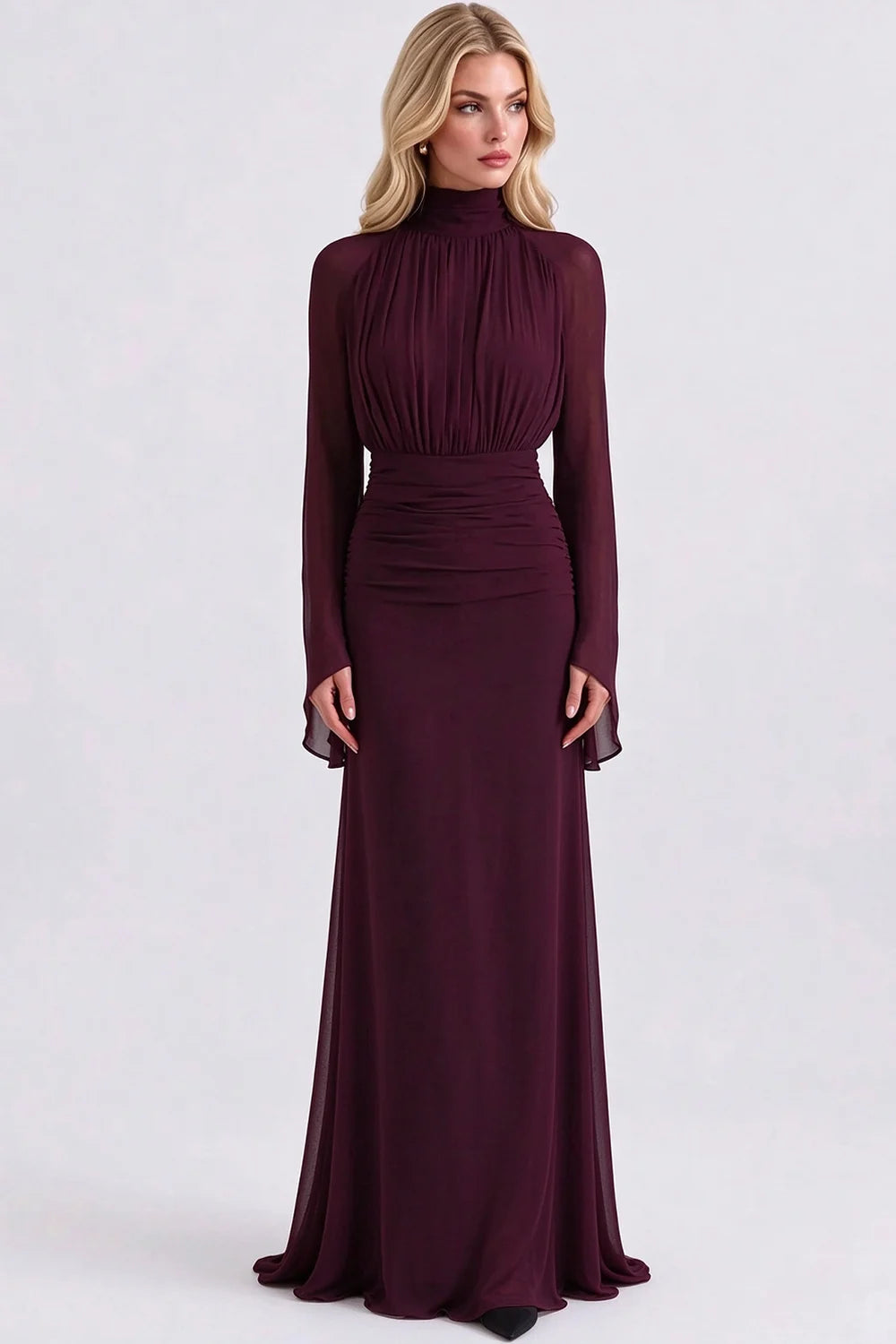 High Neck Pleated Bodice Flared Sleeve Ruched Maxi Evening Dress [erp-image:2b08c7a0395b937fea6d6c50]