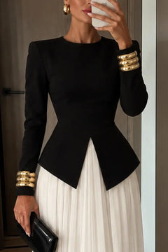 Elegant Long Sleeve Peplum Split Top and Pleated Maxi Skirt Two Piece Set [erp-image:75e94c9f4744b8b1a159d1e6]