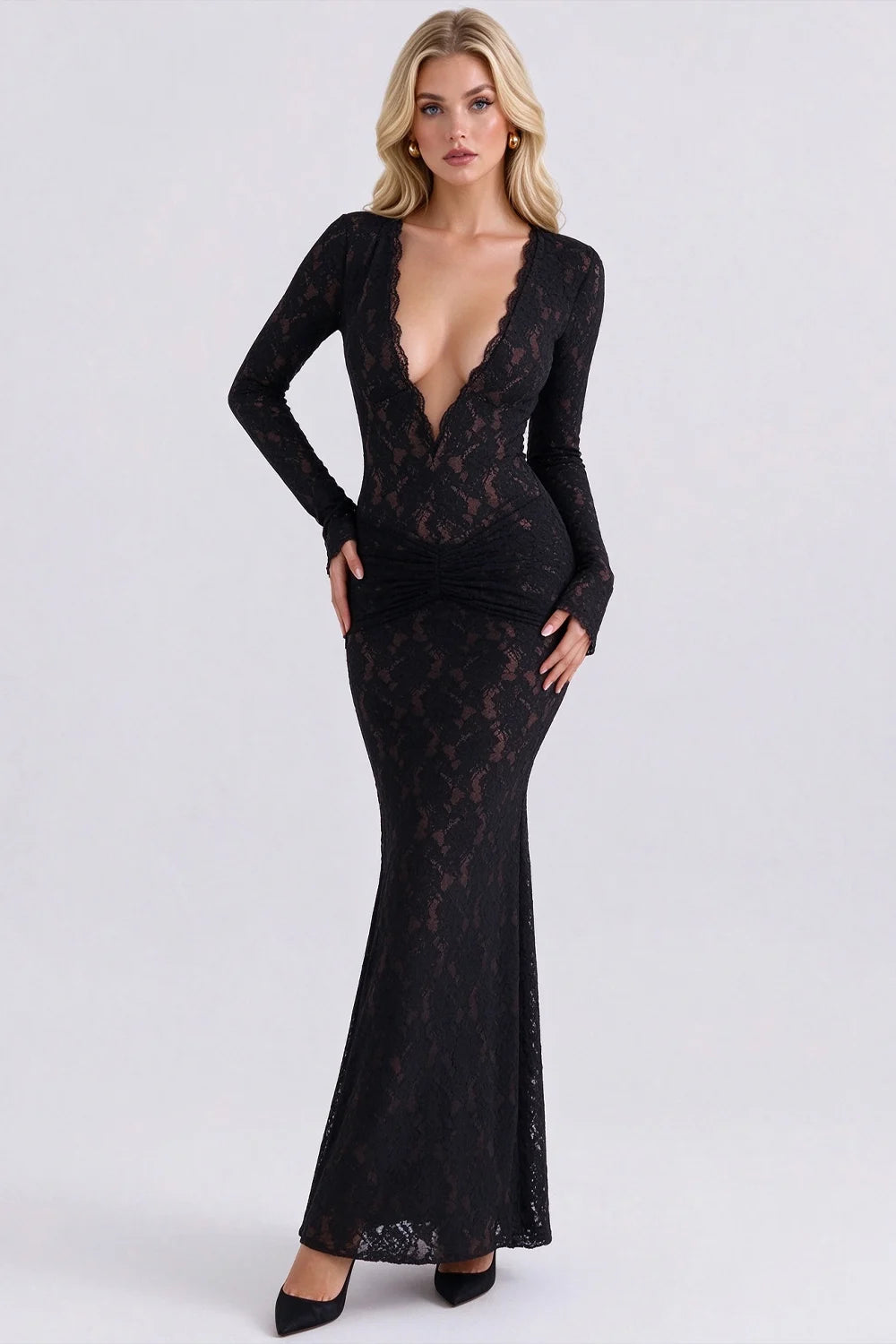 Black Lace Deep Plunge V-Neck Long Sleeve Ruched Bodycon Maxi Evening Dress [erp-image:e22a5b68abdfb835775ee219]