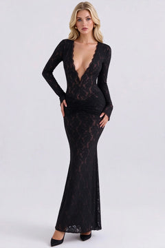 Black Lace Deep Plunge V-Neck Long Sleeve Ruched Bodycon Maxi Evening Dress [erp-image:e22a5b68abdfb835775ee219]