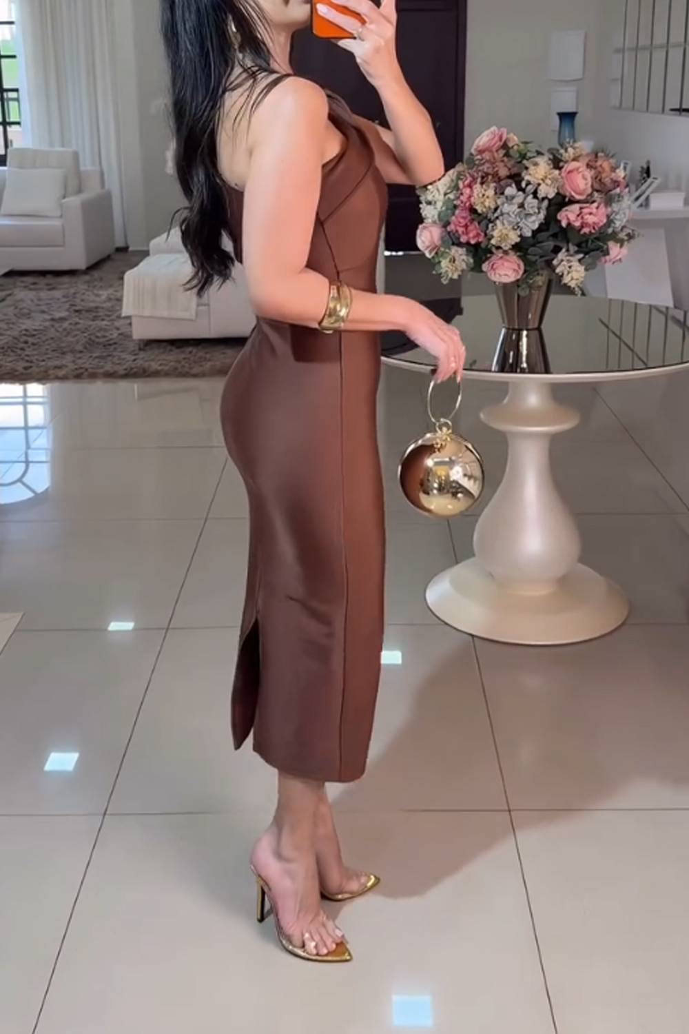 Women One Shoulder Fitted Midi Evening Dress