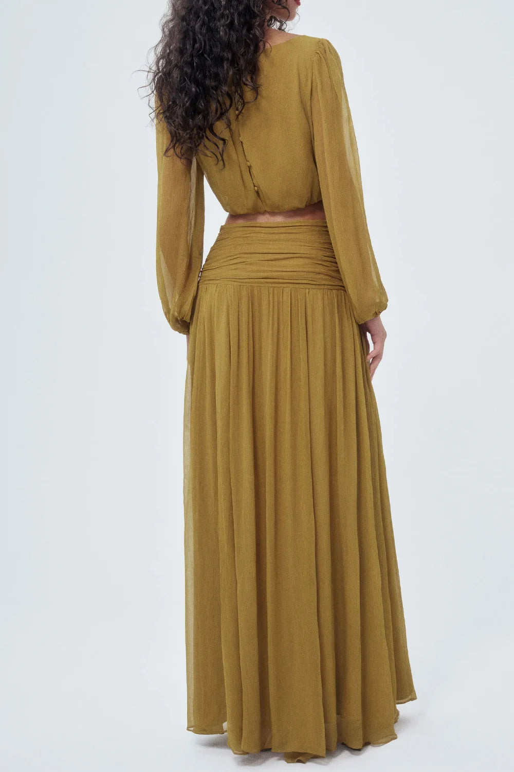Olive Green Chiffon Long Sleeve Crop Top and Ruched Maxi Skirt Two Piece Set