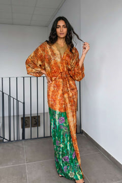 V-Neck Printed Patchwork Slit Streamer Design Maxi Dress