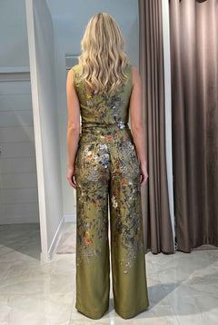 Printed Lace-Up Top And Wide Leg Pants Set