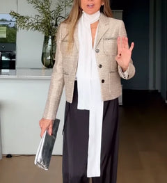 Women's Metallic Textured Tweed Blazer Jacket with Notched Lapel and Pockets [erp-image:79ae0945361212034c617f59]