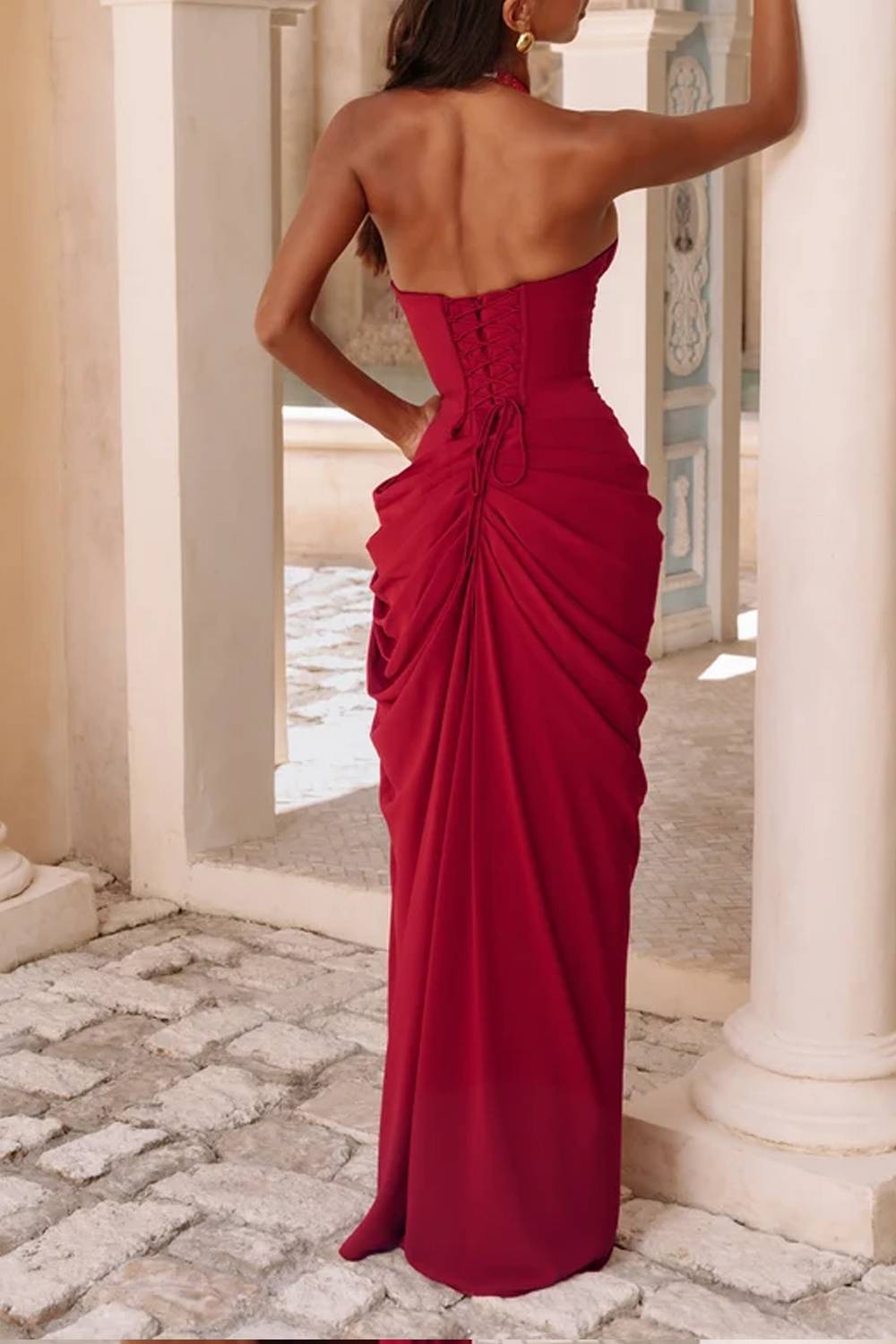 Halter Deep‑V Ruched Waist High‑Slit Maxi Evening Dress