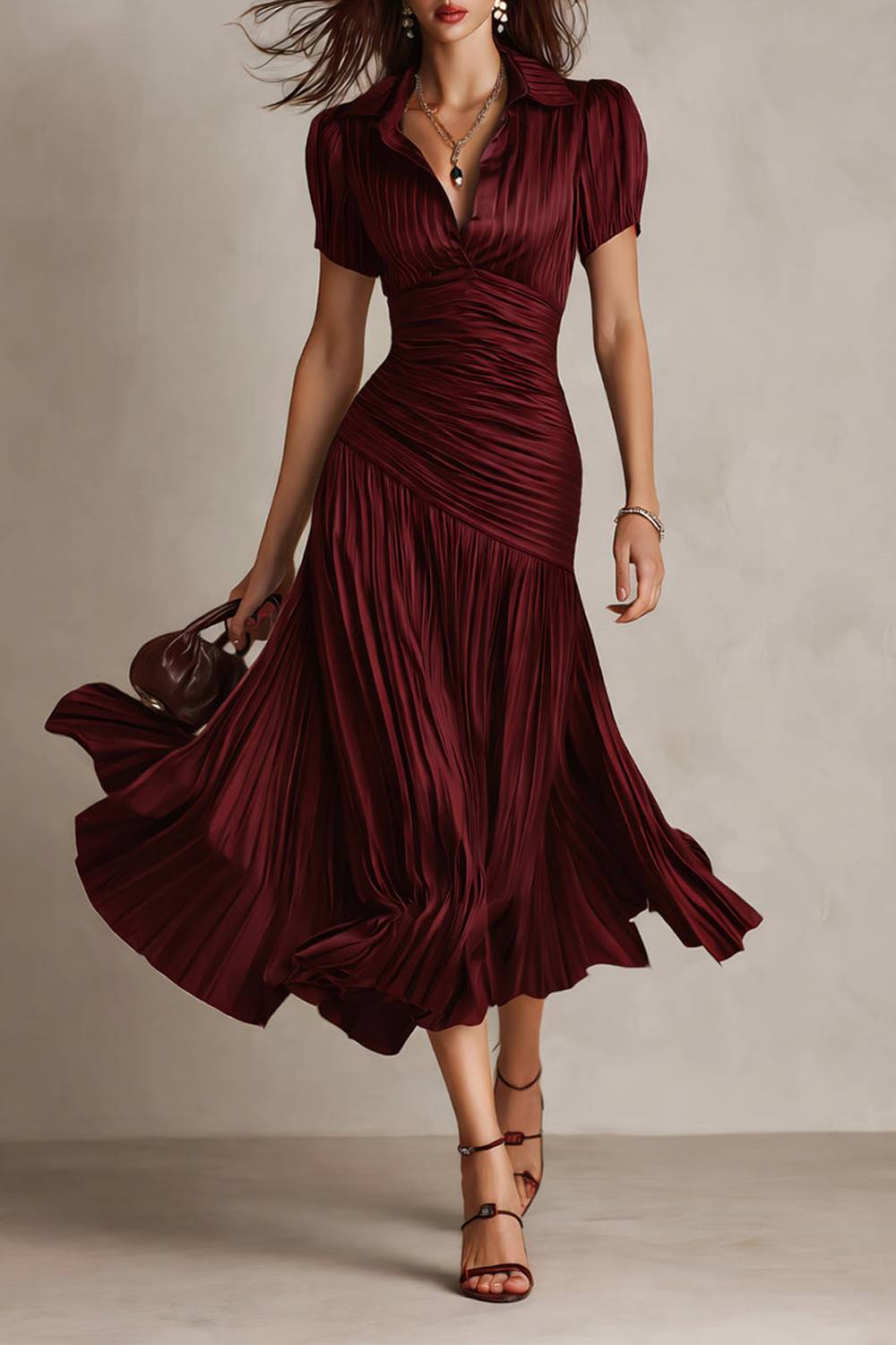 Collared Short Sleeve Striped Ruched Waist Pleated Midi Dress