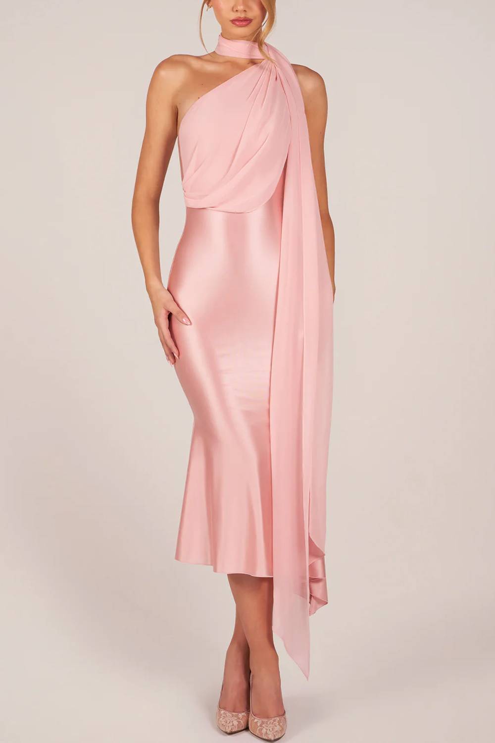 Halter Draped Satin Midi Mermaid Dress