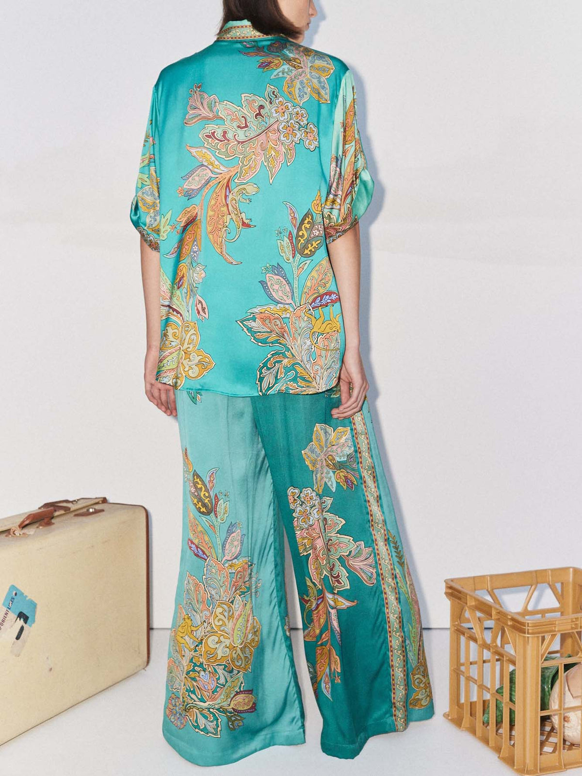 Unique Satin Botanical Floral Print Loose Two-Piece Set