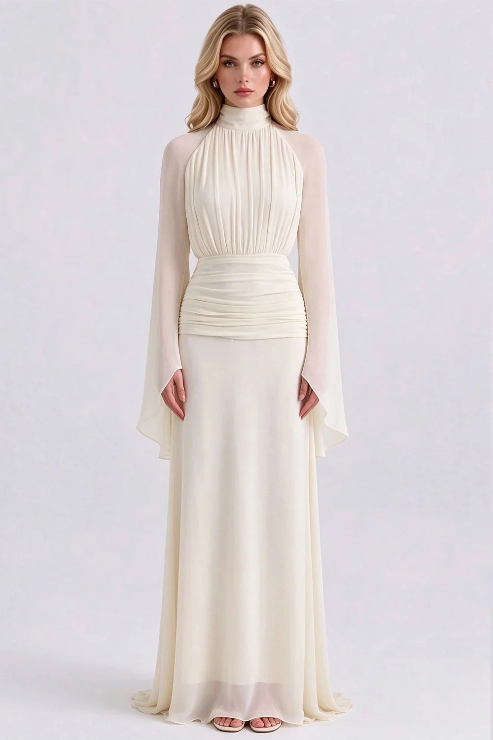 High Neck Pleated Bodice Flared Sleeve Ruched Maxi Evening Dress [erp-image:2fb3de50ba1c8290f5d9c9ae]