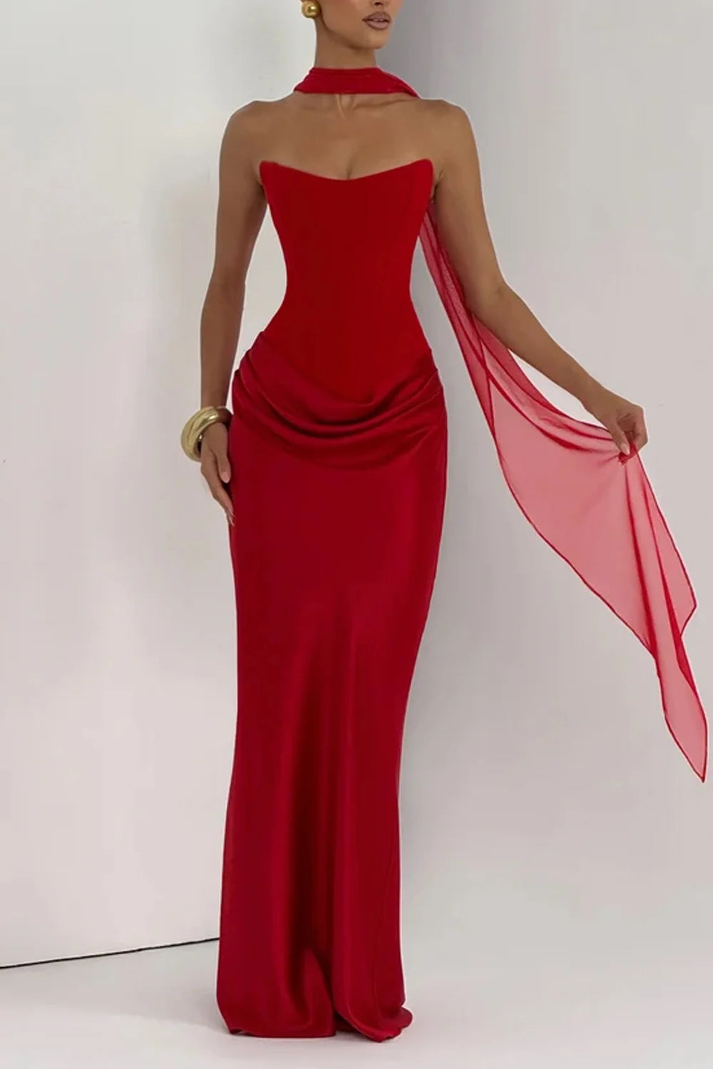 Strapless Corset Draped Satin Maxi Dress with Chiffon Neck Scarf