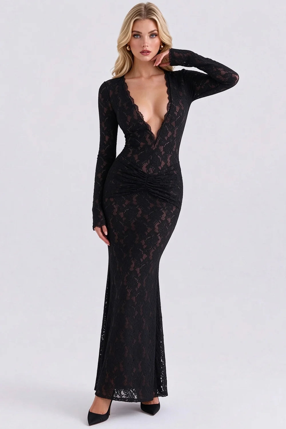 Black Lace Deep Plunge V-Neck Long Sleeve Ruched Bodycon Maxi Evening Dress [erp-image:891de04e99cb852c9a2f7607]
