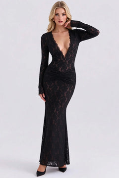 Black Lace Deep Plunge V-Neck Long Sleeve Ruched Bodycon Maxi Evening Dress [erp-image:891de04e99cb852c9a2f7607]