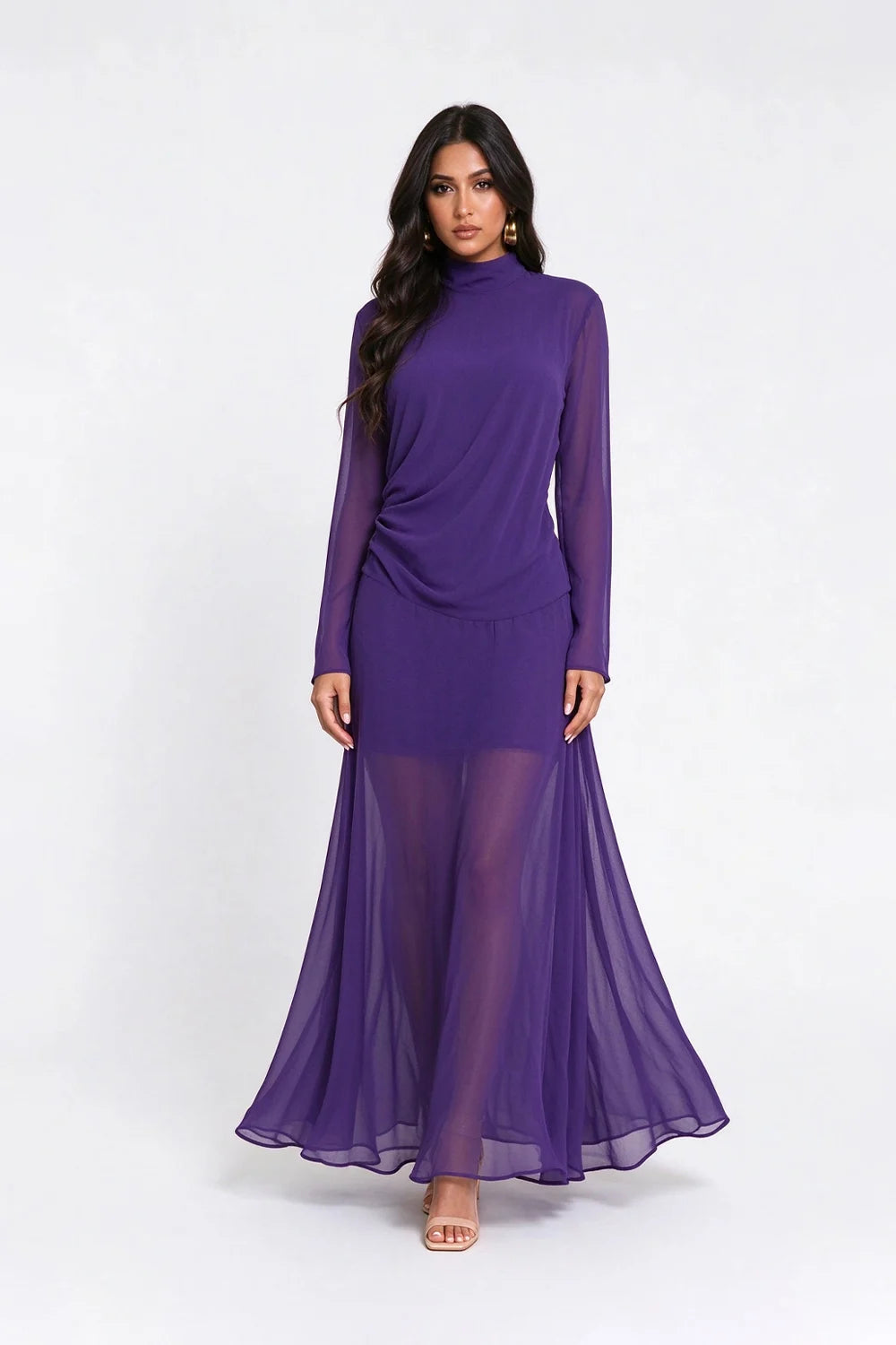 Purple High Neck Long Sleeve Sheer Chiffon Maxi Dress [erp-image:852971b5b307af365ed8d12f]