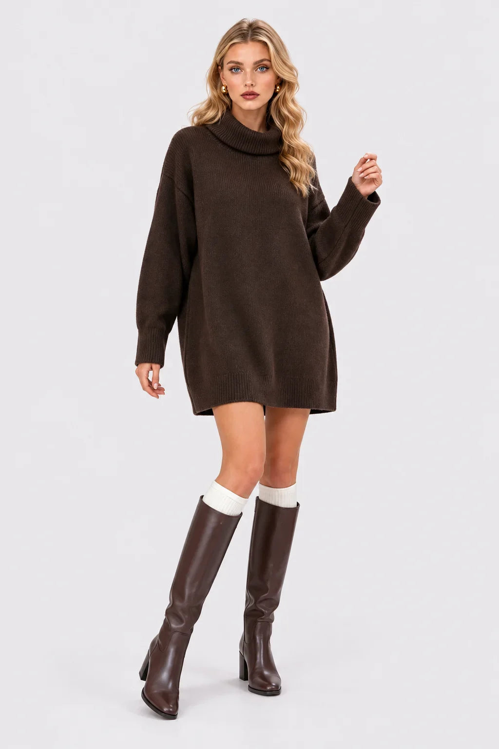 Turtleneck Drop Shoulder Oversized Knit Sweater Dress [erp-image:30257a6f05353c3d3734d291]