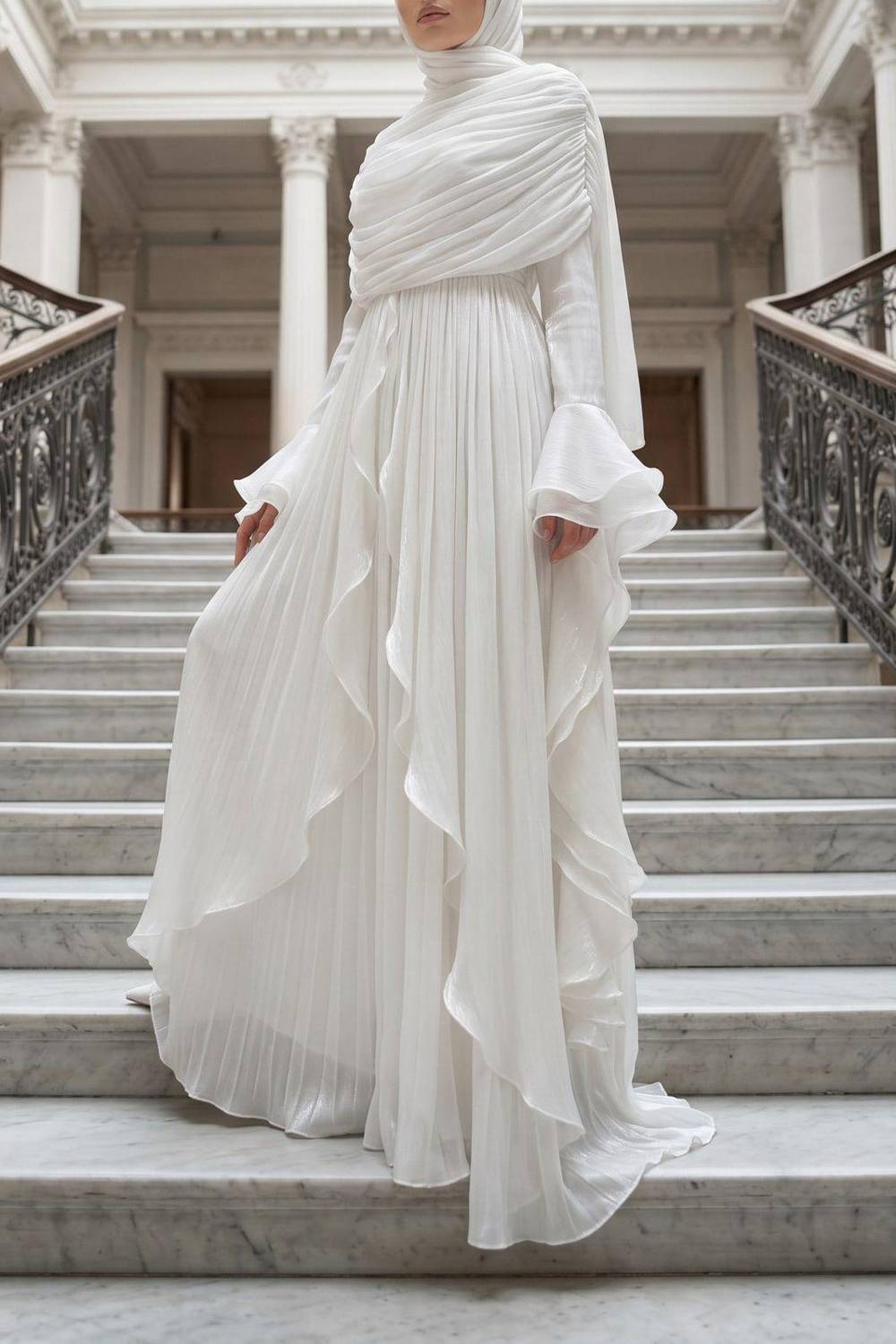 Modest Ruffled Long Sleeve Maxi Evening Dress (Hijab Not Included)