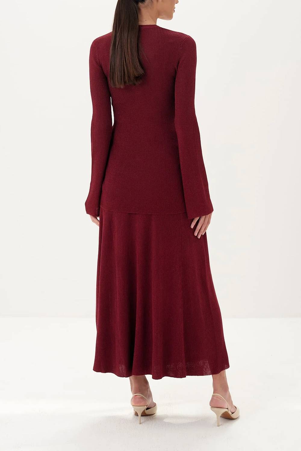 V Neck Button Front Flare Sleeve Knit Top & A Line Midi Skirt Two Piece Set