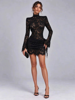 High Neck Long Sleeve Floral Lace Ruched Bodycon Cocktail Mini Dress [erp-image:db3f0c2d7eeca4efb325823c]