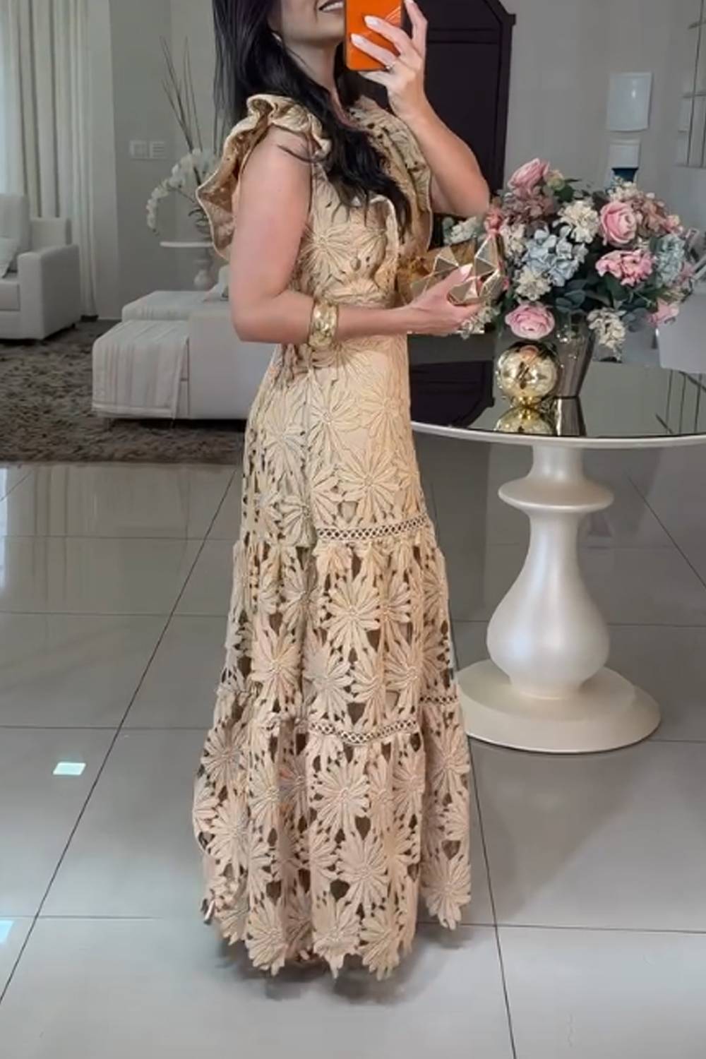 V Neck Sleeveless Ruffle Crochet Lace Tiered Maxi Dress