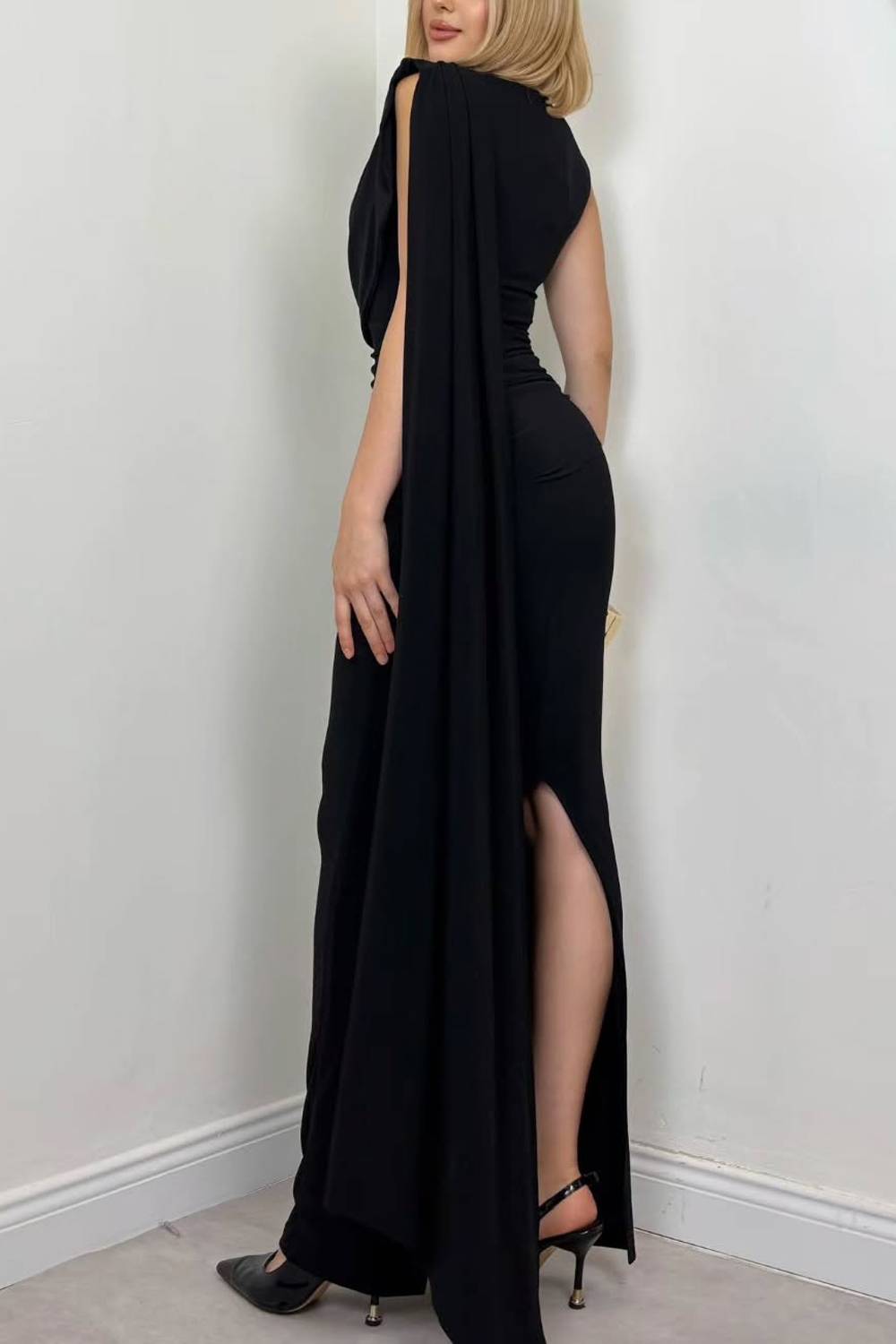 Cowl Neck Sleeveless Draped Ruched Maxi Dress With Cape Detail