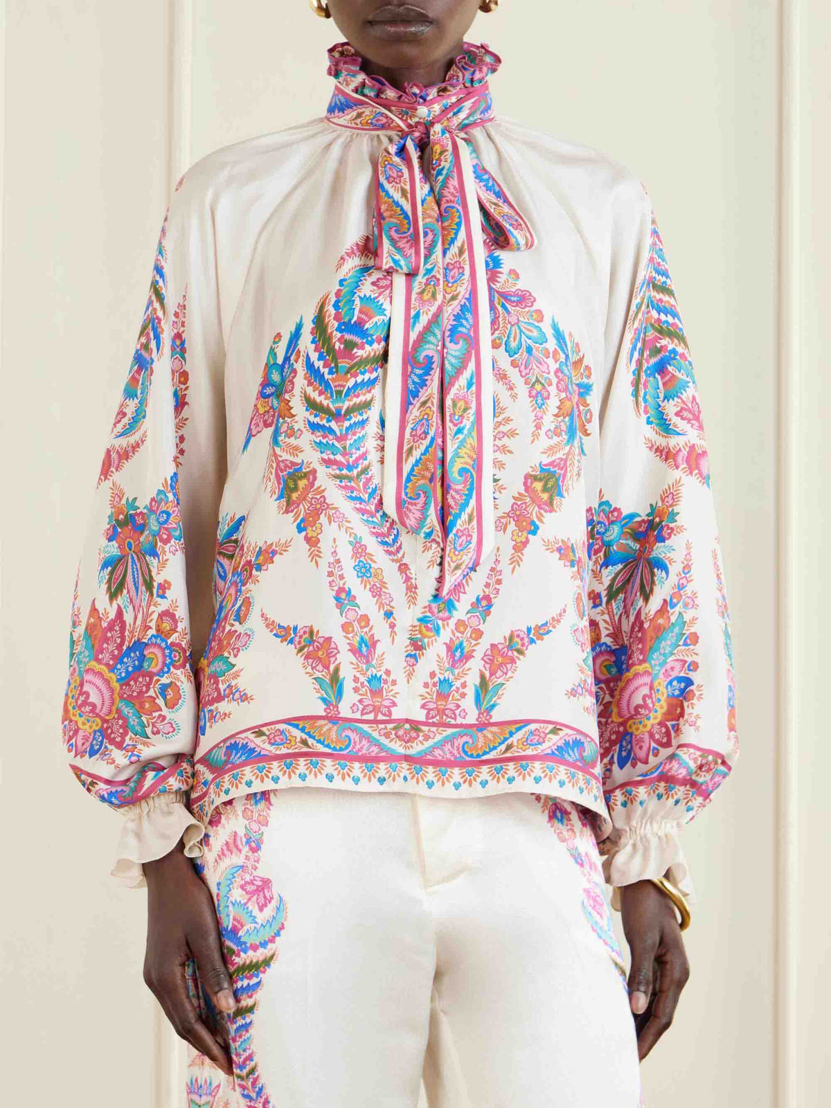 Exquisite Bow Detail Paisley Print Satin Two-Piece Set