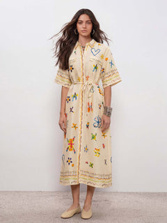 Elegant Hand-Painted Watercolor Print Shirt Midi Dress