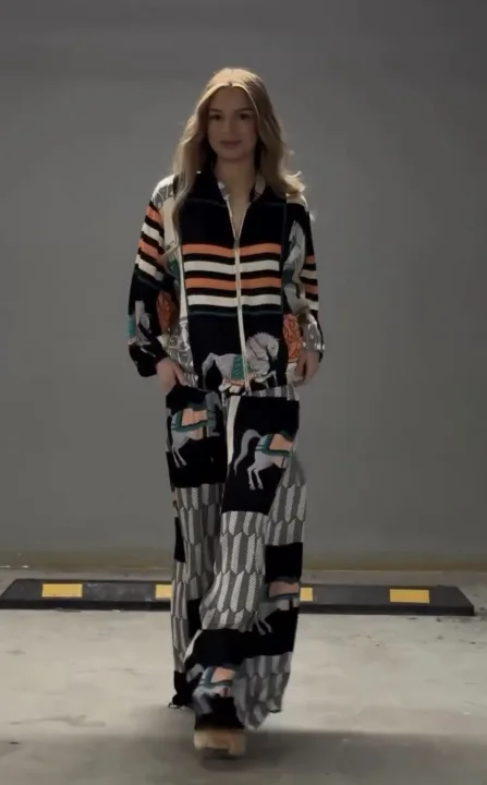 Horse Print Zip Up Long Sleeve Top & Wide Leg Pants Set Women Casual Loose Streetwear Two Piece Outfit
