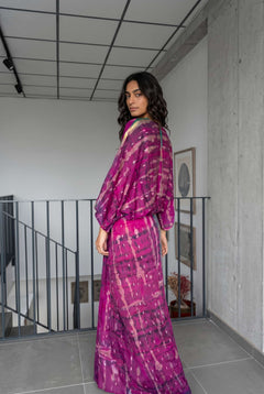 V-Neck Printed Patchwork Slit Streamer Design Maxi Dress