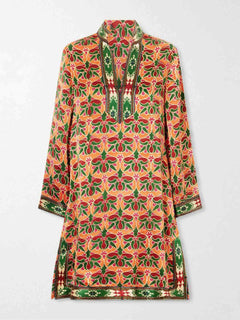 Ethnic Floral Print Long Sleeve Tunic Mini Dress