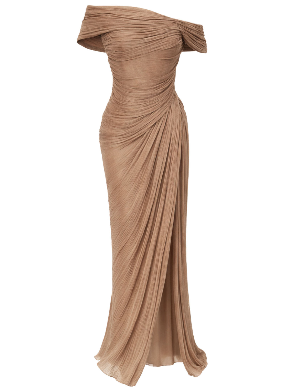 Elegant Asymmetric Neck Draped Evening Gown Maxi Dress