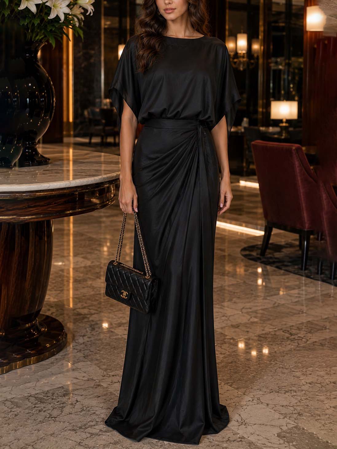Elegant Satin Drape Belt Skirt Two-Piece Set