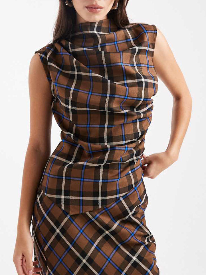 Casual Plaid Pleated Top And Wide-Leg Pants Set