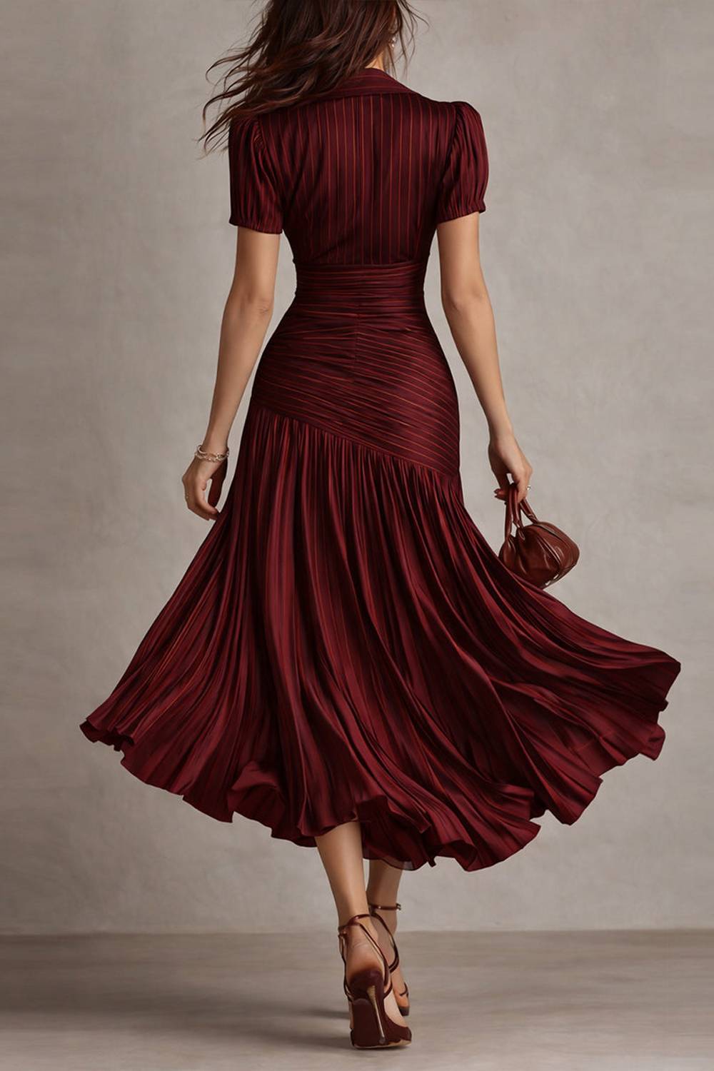 Collared Short Sleeve Striped Ruched Waist Pleated Midi Dress