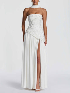 Elegant Strapless Floral Embroidered Maxi Dress