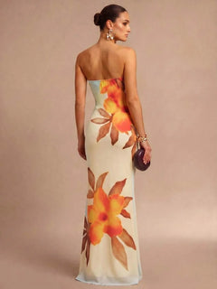 Strapless Floral Print Slim Fit Tube Column Maxi Dress