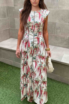 Fly-Sleeve Color Contrast Printed Maxi Dress
