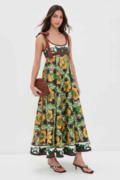 Retro Print Sleeveless Tie-Waist Midi Dress