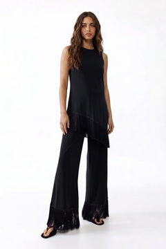 Tassel Design Top And Wide Leg Pants Set